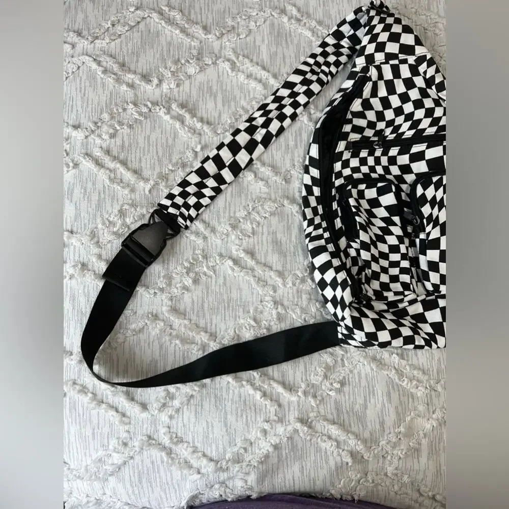 Black White Checkered Sling Backpack Crossbody Shoulder Unisex Travel Hiking